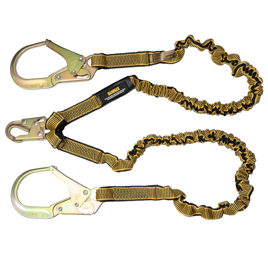 DXFP613130 DEWALT 6 ft. (1.8 m) Twin Leg Lanyard Internal Energy Absorber, 4 ft. to 6 ft. Stretch with Steel Snap hook on D-Ring End and Steel Rebar Hooks on Anchor End.