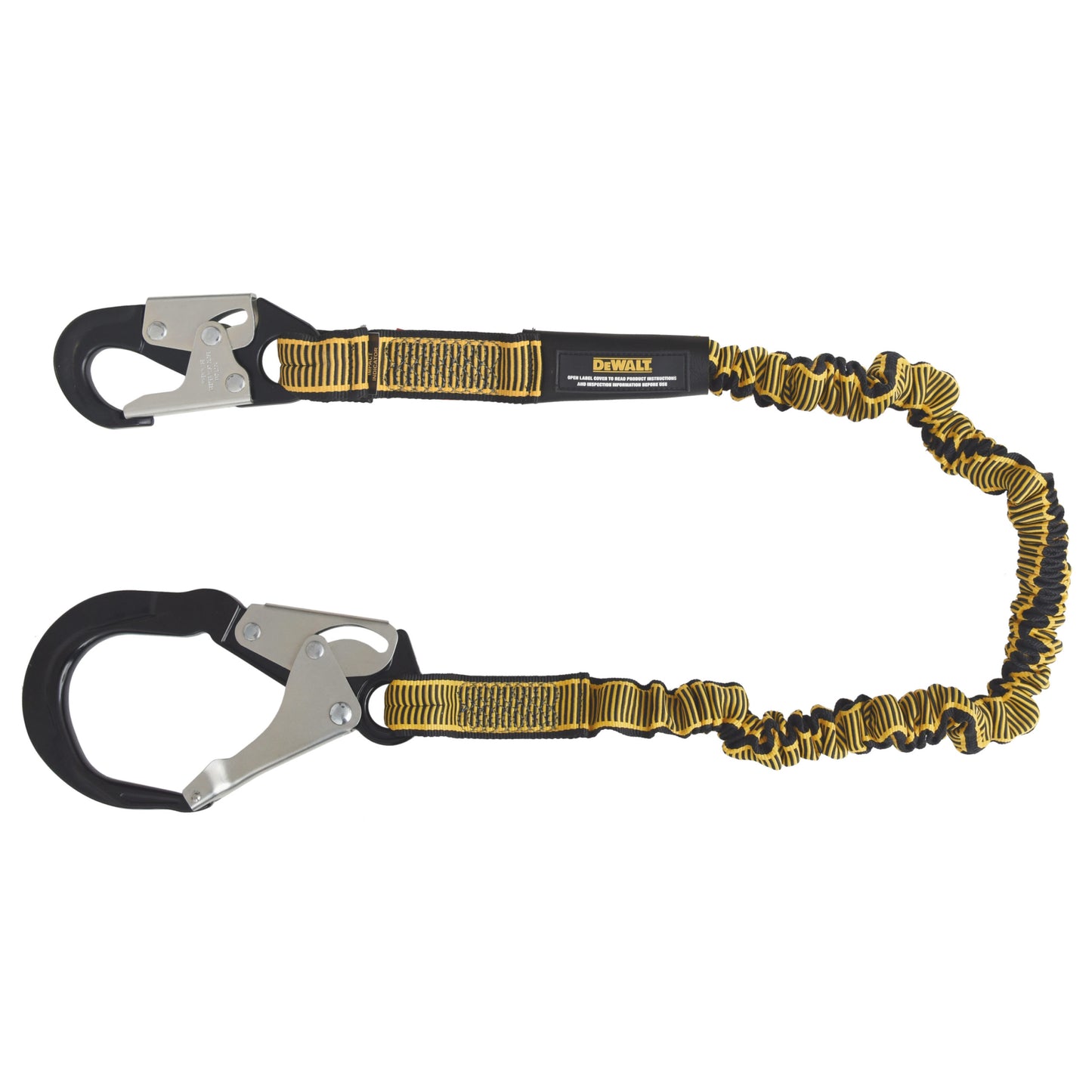 DXFP613510 DEWALT 6 ft. (1.8 m) Single Leg Lanyard Internal Energy Absorber, 4 ft. to 6 ft. Stretch with Steel Snap hook on D-Ring End and Steel Rebar Hook on Anchor End.