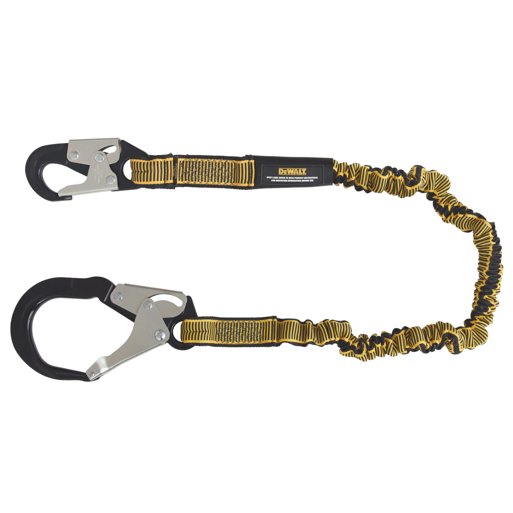 DXFP613510 DEWALT 6 ft. (1.8 m) Single Leg Lanyard Internal Energy Absorber, 4 ft. to 6 ft. Stretch with Steel Snap hook on D-Ring End and Steel Rebar Hook on Anchor End.