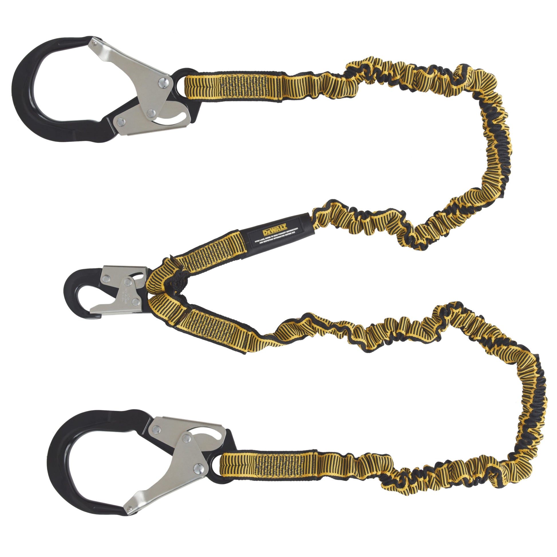 DXFP613530 DEWALT 6 ft. (1.8 m) Twin Leg Lanyard Internal Energy Absorber, 4′ to 6′ Stretch with Steel Snap hook on D-Ring End and Steel Rebar Hooks on Anchor End.