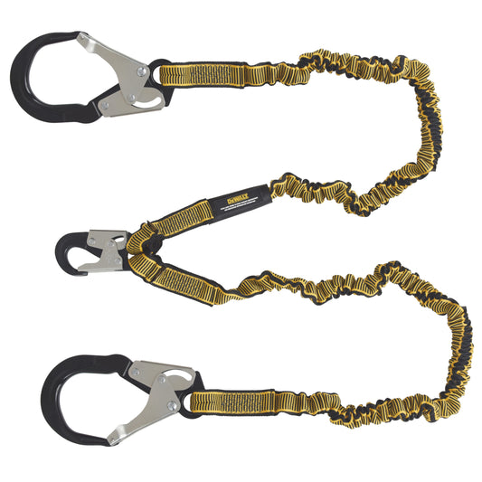 DXFP613530 DEWALT 6 ft. (1.8 m) Twin Leg Lanyard Internal Energy Absorber, 4′ to 6′ Stretch with Steel Snap hook on D-Ring End and Steel Rebar Hooks on Anchor End.