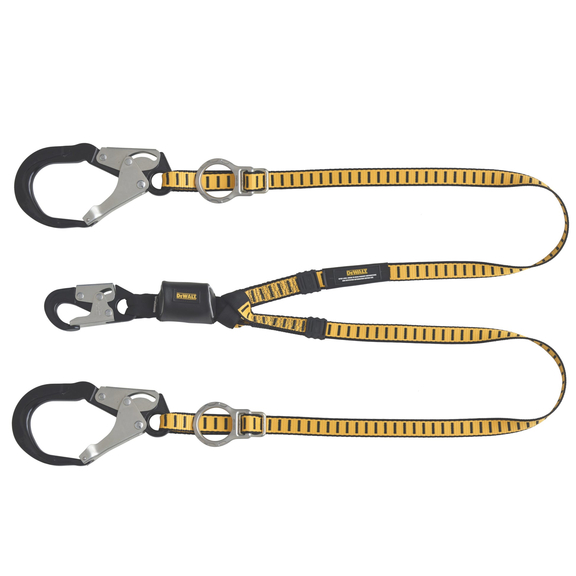 DXFP615530 DEWALT 6 ft.(1.8 m) Twin Leg Lanyard, External Energy Absorber, Tie-Back to D-Ring, Adjustable, Aluminum Steel Snap Hooks on D-Ring End, and Aluminum Rebar Hooks on Anchor End