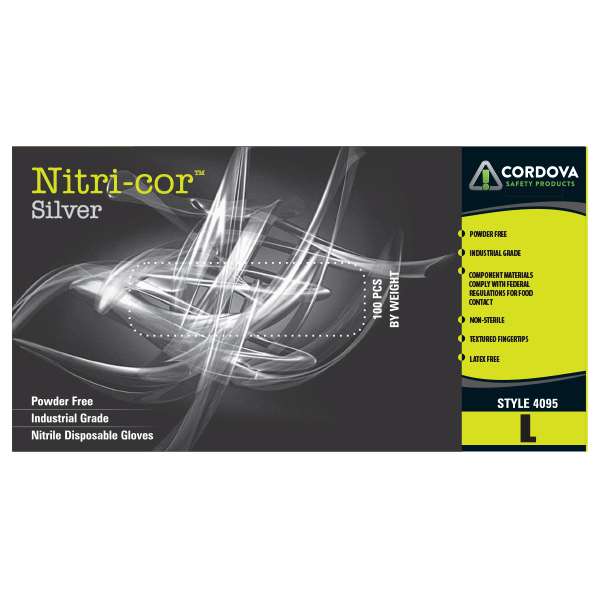 Disposable, Nitri-cor® Silver, Industrial, Nitrile, Powder Free, 5 mil, Blue