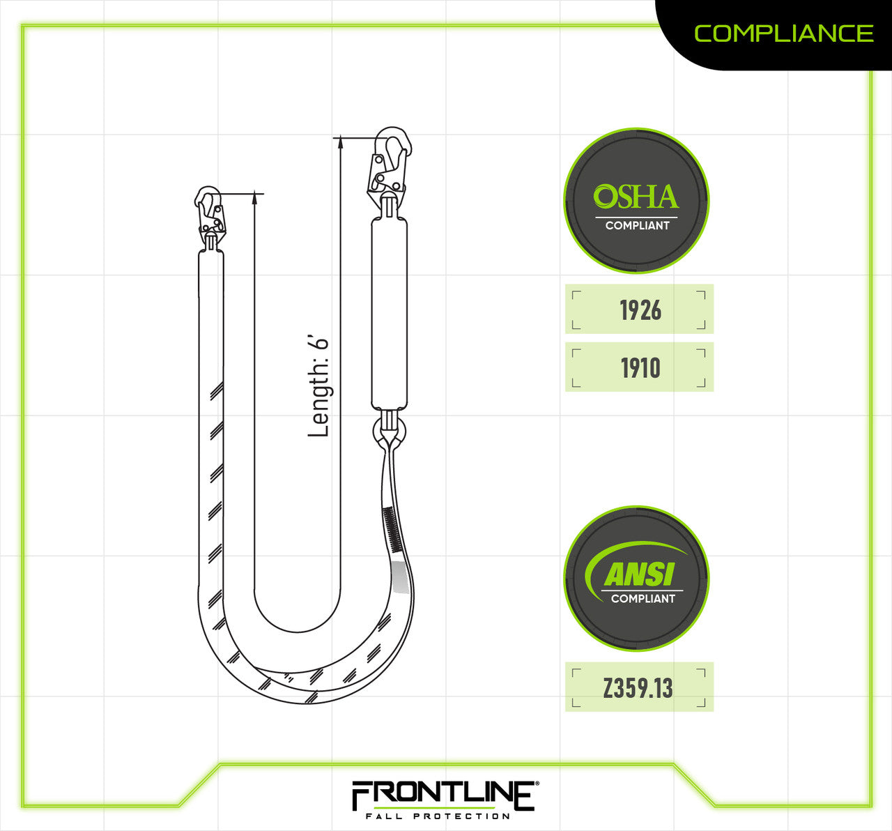 Frontline LIS61SDL Oil and Gas 6' Single Leg Lanyard with Snap Hooks