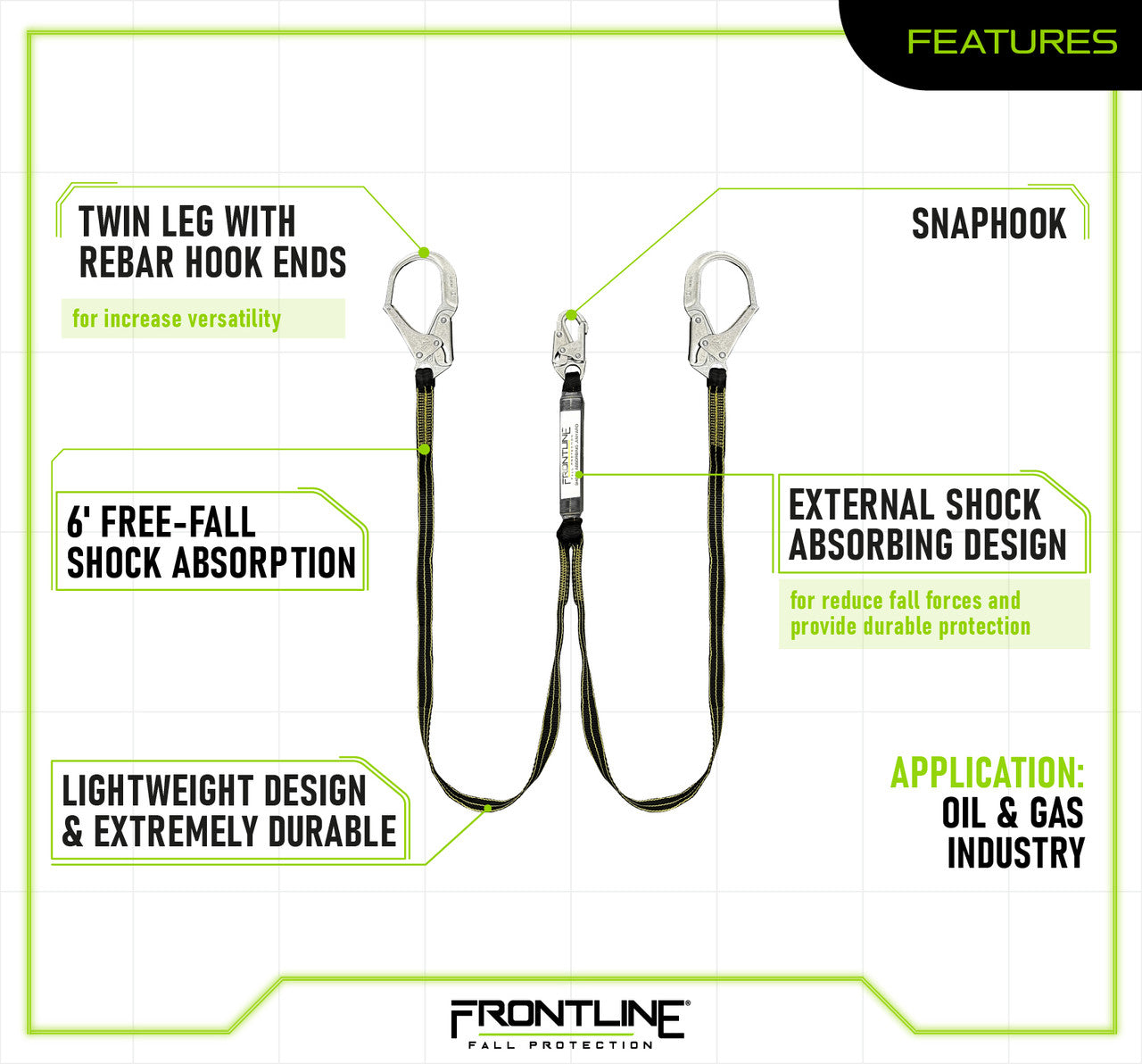 Frontline LIS62RDL Oil and Gas 6' Double Leg Lanyard with Rebar Hooks
