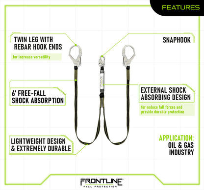 Frontline LIS62RDL Oil and Gas 6' Double Leg Lanyard with Rebar Hooks