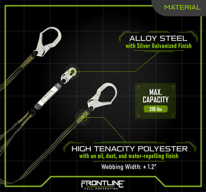 Frontline LIS62RDL Oil and Gas 6' Double Leg Lanyard with Rebar Hooks