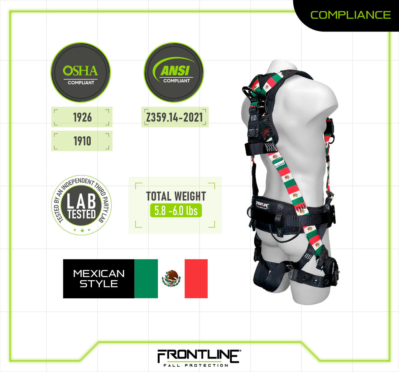 Frontline Fall 110CTB-S-MX 110CTB-MX Combat™ Mexican Style Full Body Harness with Aluminum Hardware and Suspension Trauma Straps – Polyurethane Worksite Safety & Industrial Supplies PPE