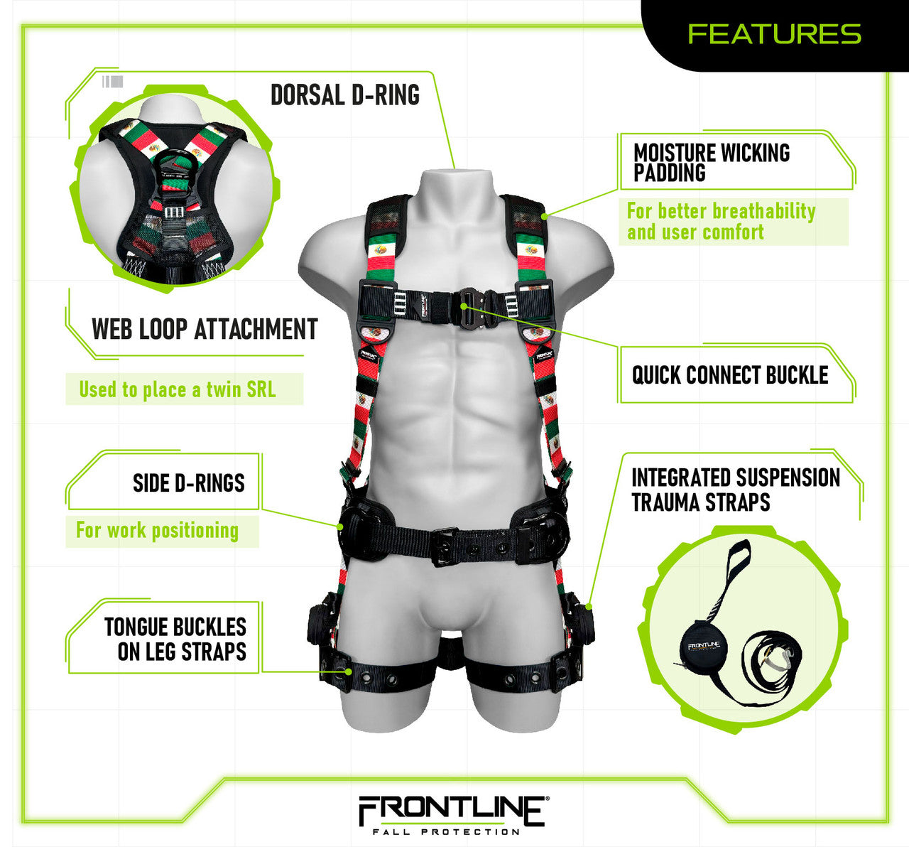 Frontline Fall 110CTB-S-MX 110CTB-MX Combat™ Mexican Style Full Body Harness with Aluminum Hardware and Suspension Trauma Straps – Polyurethane Worksite Safety & Industrial Supplies PPE