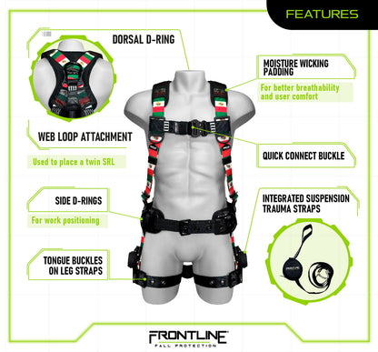 Frontline Fall 110CTB-S-MX 110CTB-MX Combat™ Mexican Style Full Body Harness with Aluminum Hardware and Suspension Trauma Straps – Polyurethane Worksite Safety & Industrial Supplies PPE