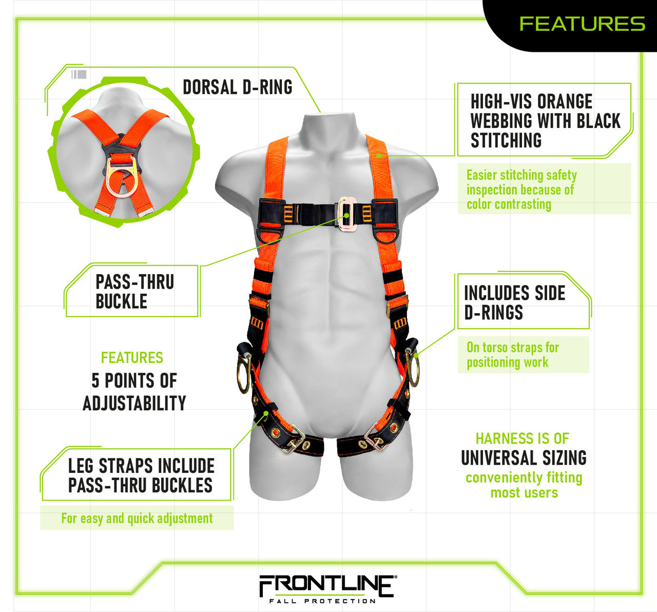 Frontline Fall 100VTB-UN-3D Combat™ Economy Series Full Body Harness with Tongue Buckle Legs (Uni) - 3D Rings Worksite Safety & Industrial Supplies PPE