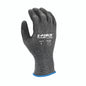 Gray speckled knit work glove with black palm coating, back view