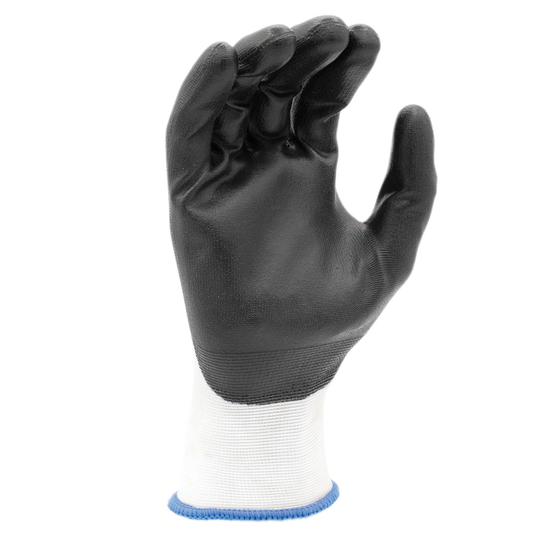 Black coated work glove with white knit cuff, palm view