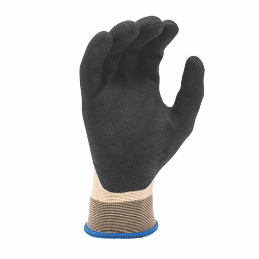 Beige work glove with black PPU-coated palm, palm view