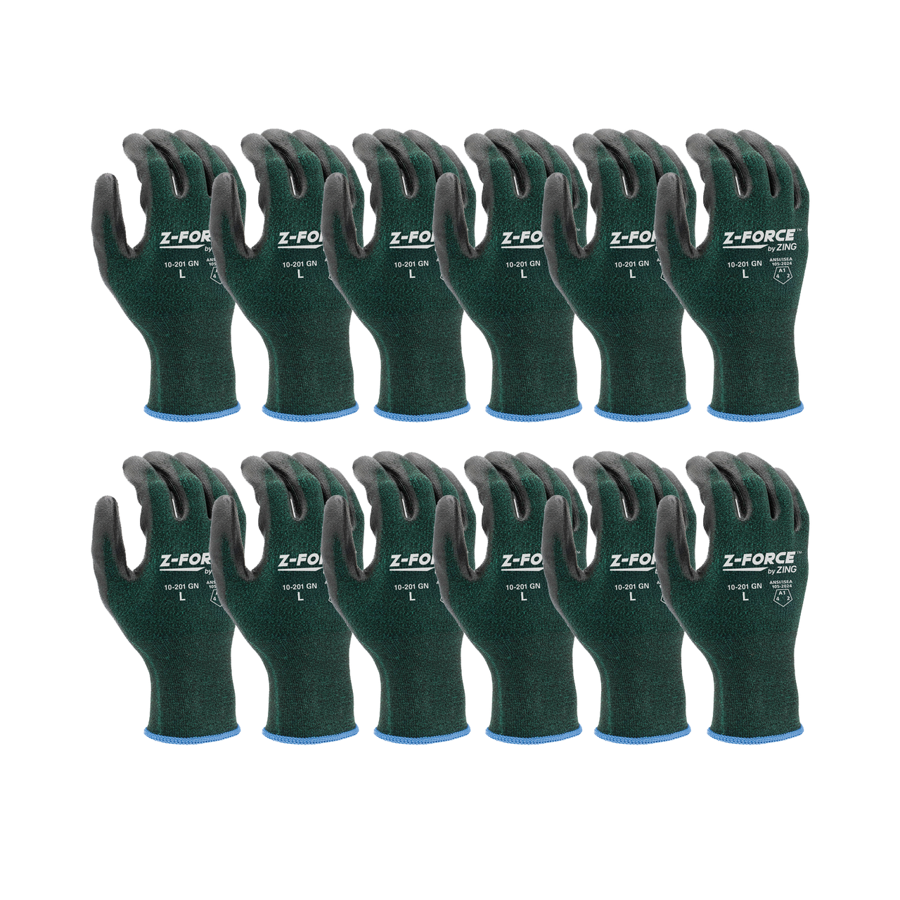 Pack of green knit work gloves with black coated palms and blue cuffs