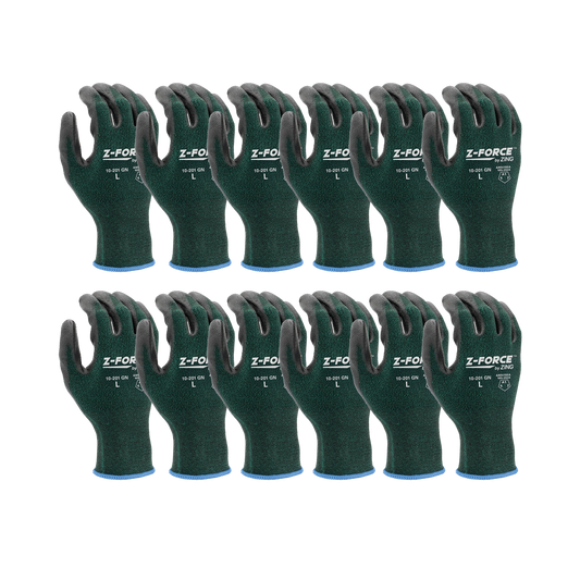 Pack of green knit work gloves with black coated palms and blue cuffs