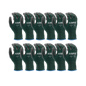 Pack of green knit work gloves with black coated palms and blue cuffs
