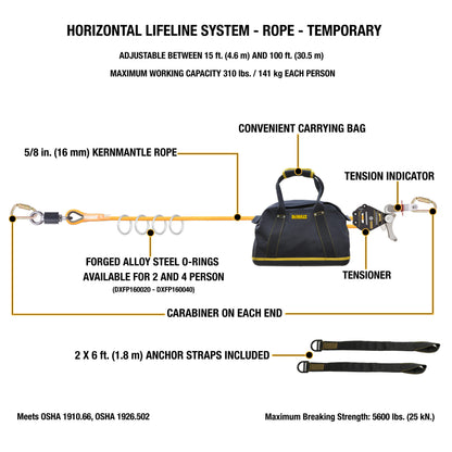 DXFP160040 DEWALT Horizontal Lifeline System Rope Temporary 4 Person – 100 ft. (30.5 m)