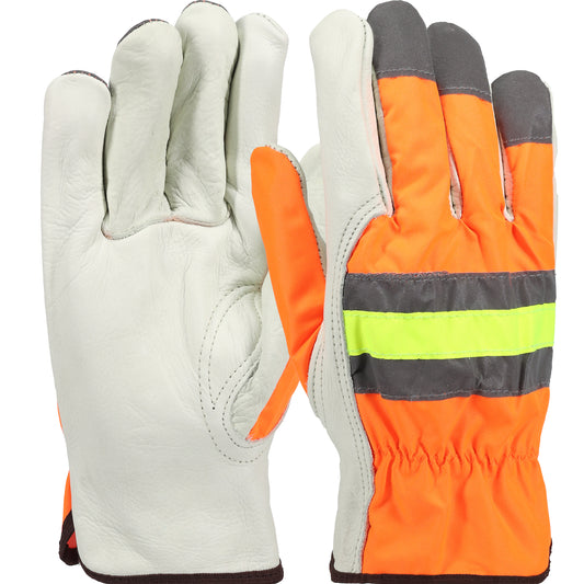 PIP® Premium Grade Top Grain Cowhide Leather Drivers Glove with Hi-Vis Fabric Back and 3M™ Scotchlite™ Reflective Material