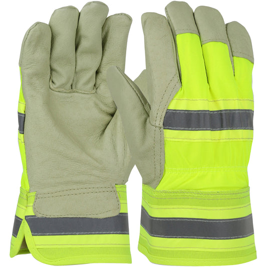 PIP HVY5555 – Pigskin Leather Palm Glove with Hi-Vis Back and Natural Thermal Lining - Rubberized Safety Cuff