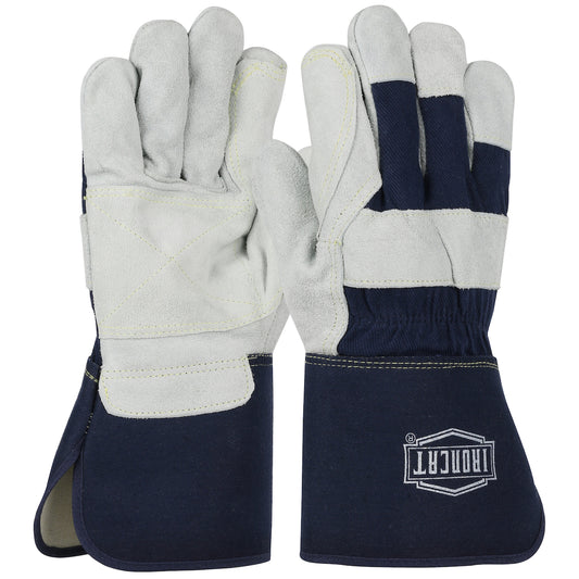 PIP Ironcat IC8DP Heavy Premium Split Cowhide Leather Double Palm Glove with Canvas Back - Rubberized Gauntlet Cuff