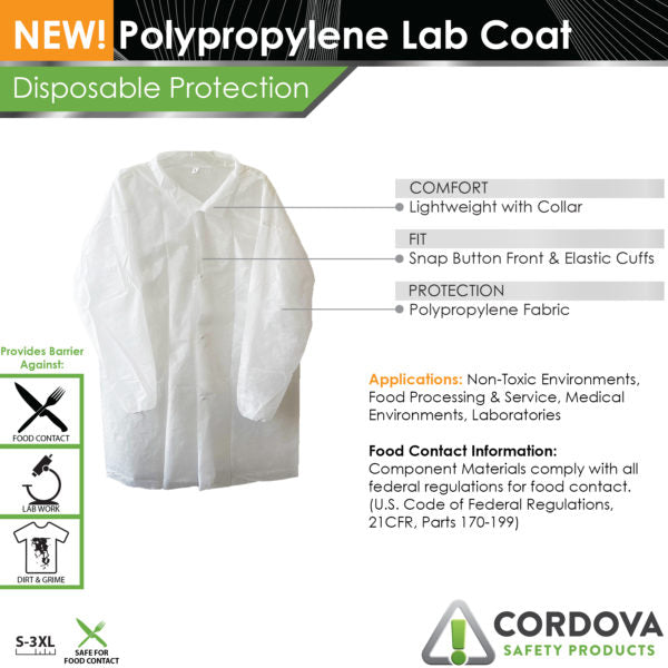 Cordova White Polypropylene Lab Coat, Collar & S #LC25XL image 3