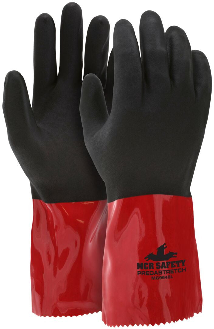PredaStretch Work Gloves, Double-Dip PVC Coating, Sandy Finish, Gauntlet Cuff
