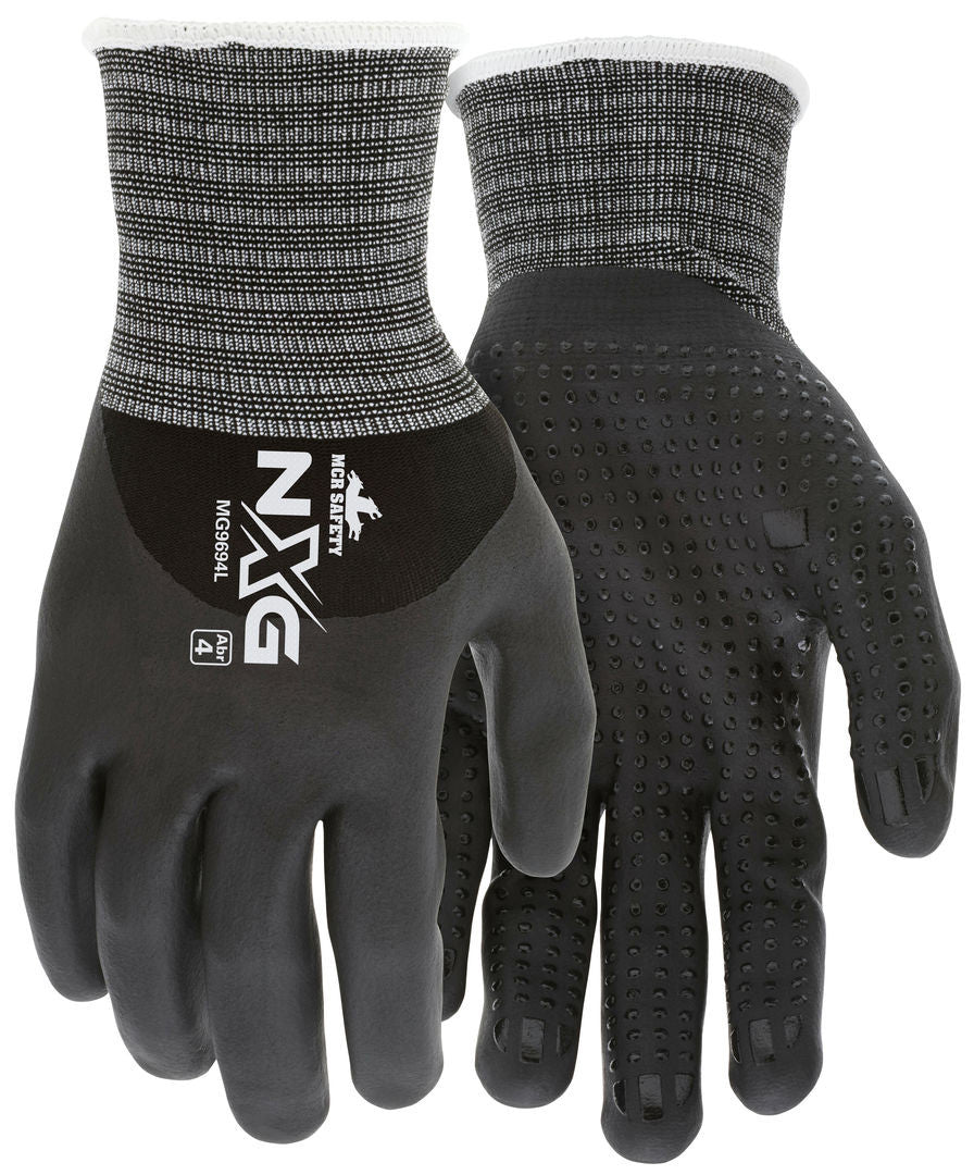 NXG Work Gloves, 15-Gauge Nylon Spandex, Bi-Polymer Coated Palm, Nitrile Dots