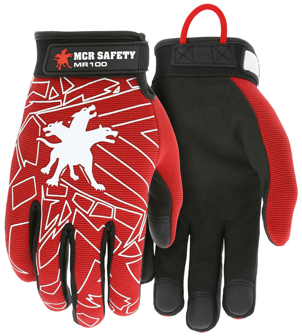 Mechanics Gloves, Synthetic Leather Palm, Red Spandex Back, Adjustable Closure
