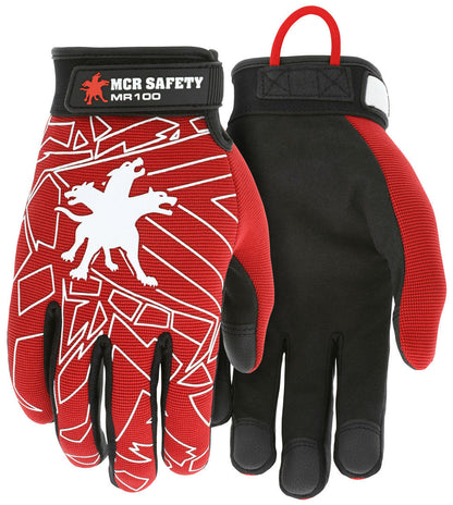 Mechanics Gloves, Synthetic Leather Palm, Red Spandex Back, Adjustable Closure