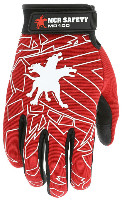 Mechanics Gloves, Synthetic Leather Palm, Red Spandex Back, Adjustable Closure