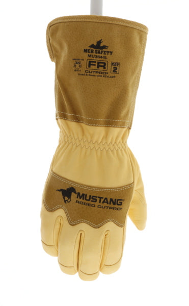 MU3644 - Mustang Rodeo CutPro® - Utility Leather Work Gloves - Premium A Grade Grain Goatskin - Double Palm - Sewn & Lined with DuPont™ Kevlar ® - 5 Inch Pigskin Leather Bell Cuff - Wing Thumb - This FR Glove has an Arc Rating of 24 cal/cm²