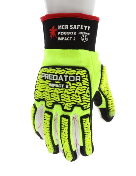 PD6902 - Predator® Mechanics Gloves - Hi-Visibility Work Gloves - Tire Tread TPR on Back, Fingers, and Thumb - Corded Cotton Double Palm - Rienforced Thumb Crotch - Adjustable Open Neoprene Cuff
