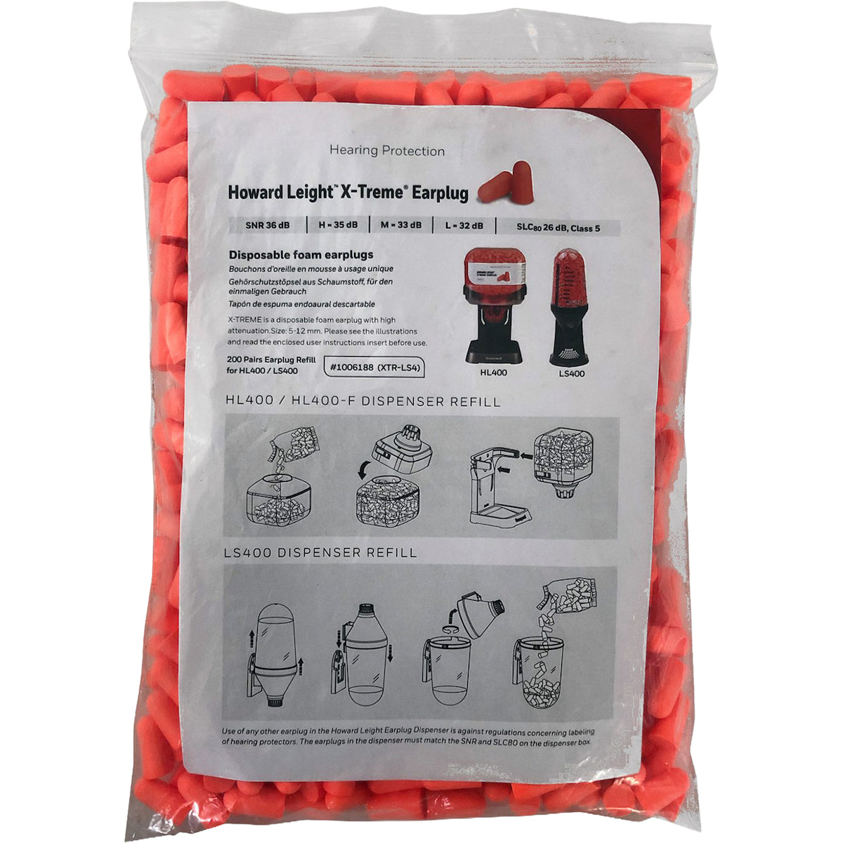 Howard Leight XTR-LS4-REFILL – Disposable Soft Polyurethane Foam Ear Plugs - Dispenser Refill Pack - NRR 32