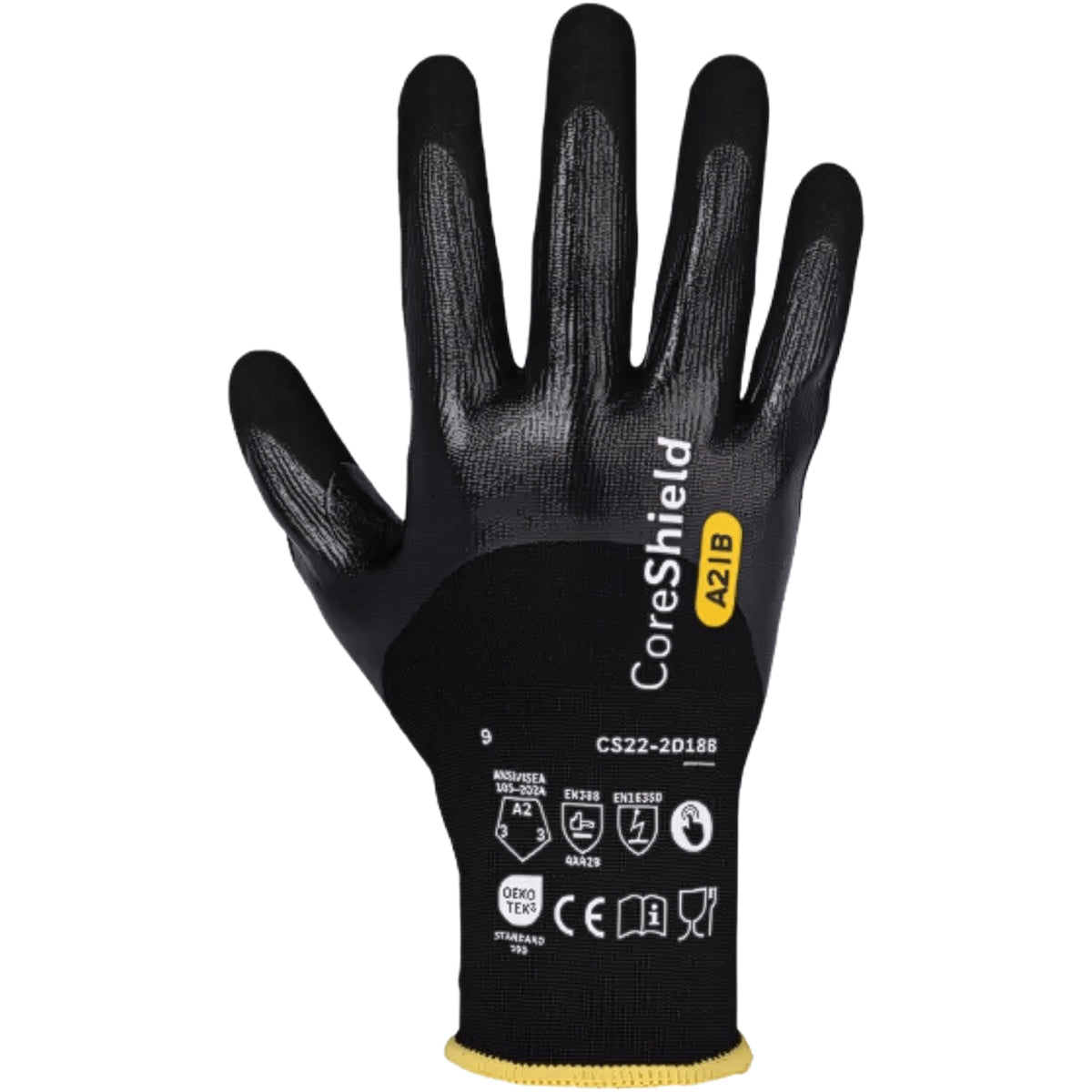 G-Tek CS22-2D18B – Seamless Knit A2 Engineered Yarn Glove with Double-Dip Foam Nitrile Grip on Palm Fingers & Knuckles - Touchscreen - ESD Safe