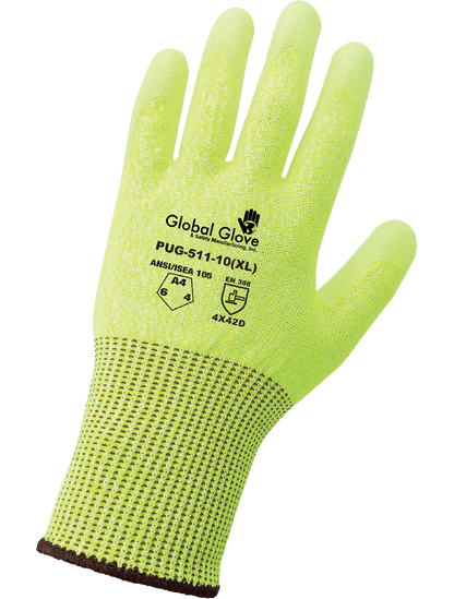 PUG-511-7 Global Glove PUG-511-6 Polyurethane Coated High-Visibility Cut, Abrasion, and Puncture Resistant Gloves - PUG-511 – Cut Level A4, 13-Gauge PPE