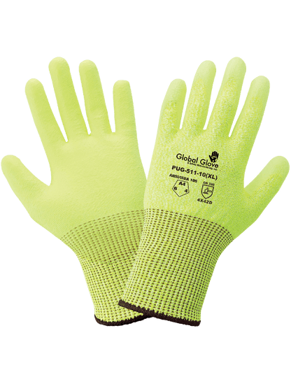 Global Glove PUG-511-6 Polyurethane Coated High-Visibility Cut, Abrasion, and Puncture Resistant Gloves - PUG-511 – Cut Level A4, 13-Gauge PPE