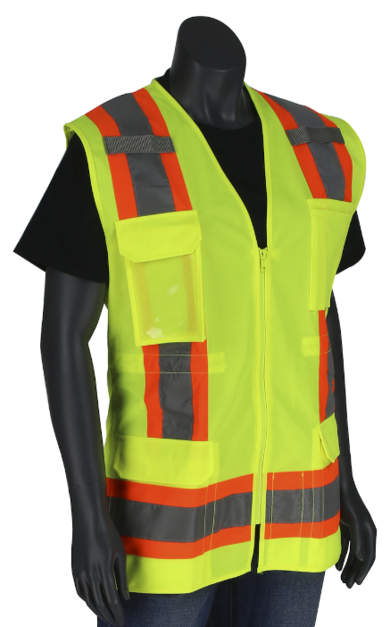 ANSI Type R Class 2 Women's Contoured Two-Tone Eleven Pocket Surveyors Vest with Solid Front and Mesh Back