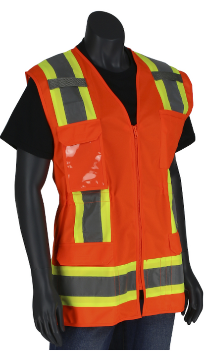 ANSI Type R Class 2 Women's Contoured Two-Tone Eleven Pocket Surveyors Vest with Solid Front and Mesh Back