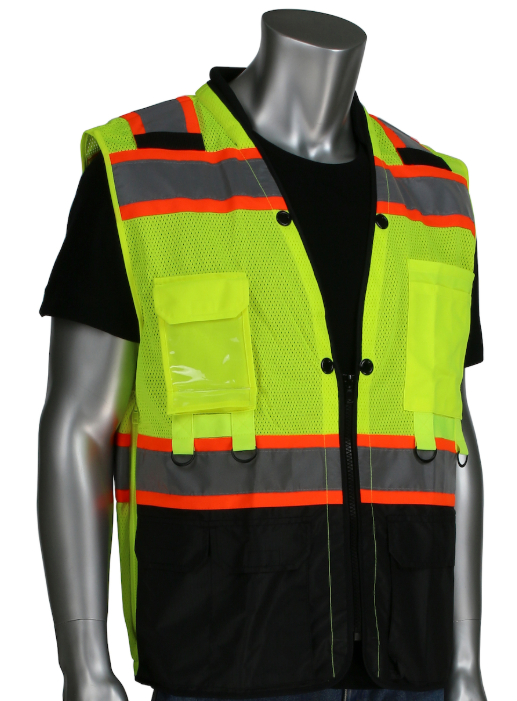ANSI Type R Class 2 Two-Tone Twelve Pocket Tethering Vest with Ripstop Black Bottom Front and "D" Ring Access
