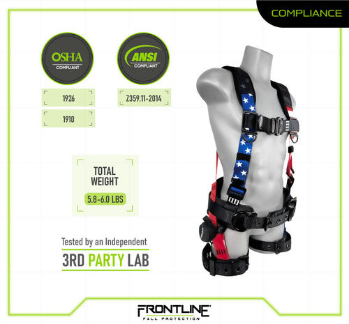 Frontline Fall 110CTB-S-AM 110CTB-AM American Style Full Body Harness with Aluminum Hardware and Suspension Trauma Straps – Polyurethane Worksite Safety & Industrial Supplies PPE