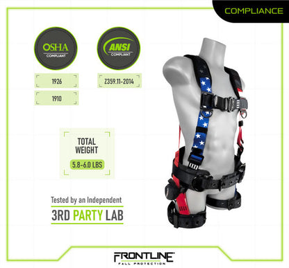 Frontline Fall 110CTB-S-AM 110CTB-AM American Style Full Body Harness with Aluminum Hardware and Suspension Trauma Straps – Polyurethane Worksite Safety & Industrial Supplies PPE