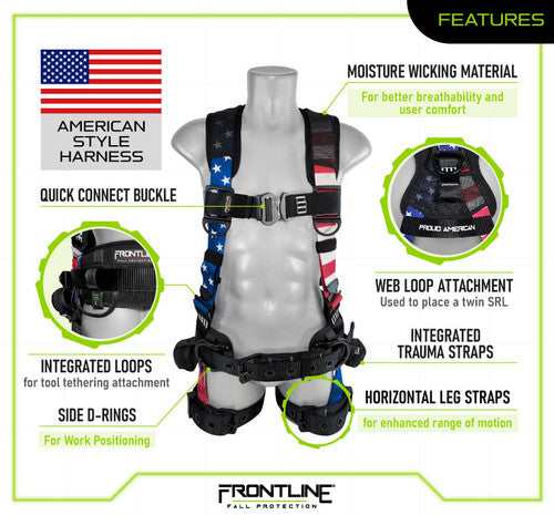 Frontline Fall 110CTB-S-AM 110CTB-AM American Style Full Body Harness with Aluminum Hardware and Suspension Trauma Straps – Polyurethane Worksite Safety & Industrial Supplies PPE