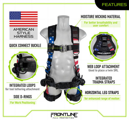 Frontline Fall 110CTB-S-AM 110CTB-AM American Style Full Body Harness with Aluminum Hardware and Suspension Trauma Straps – Polyurethane Worksite Safety & Industrial Supplies PPE