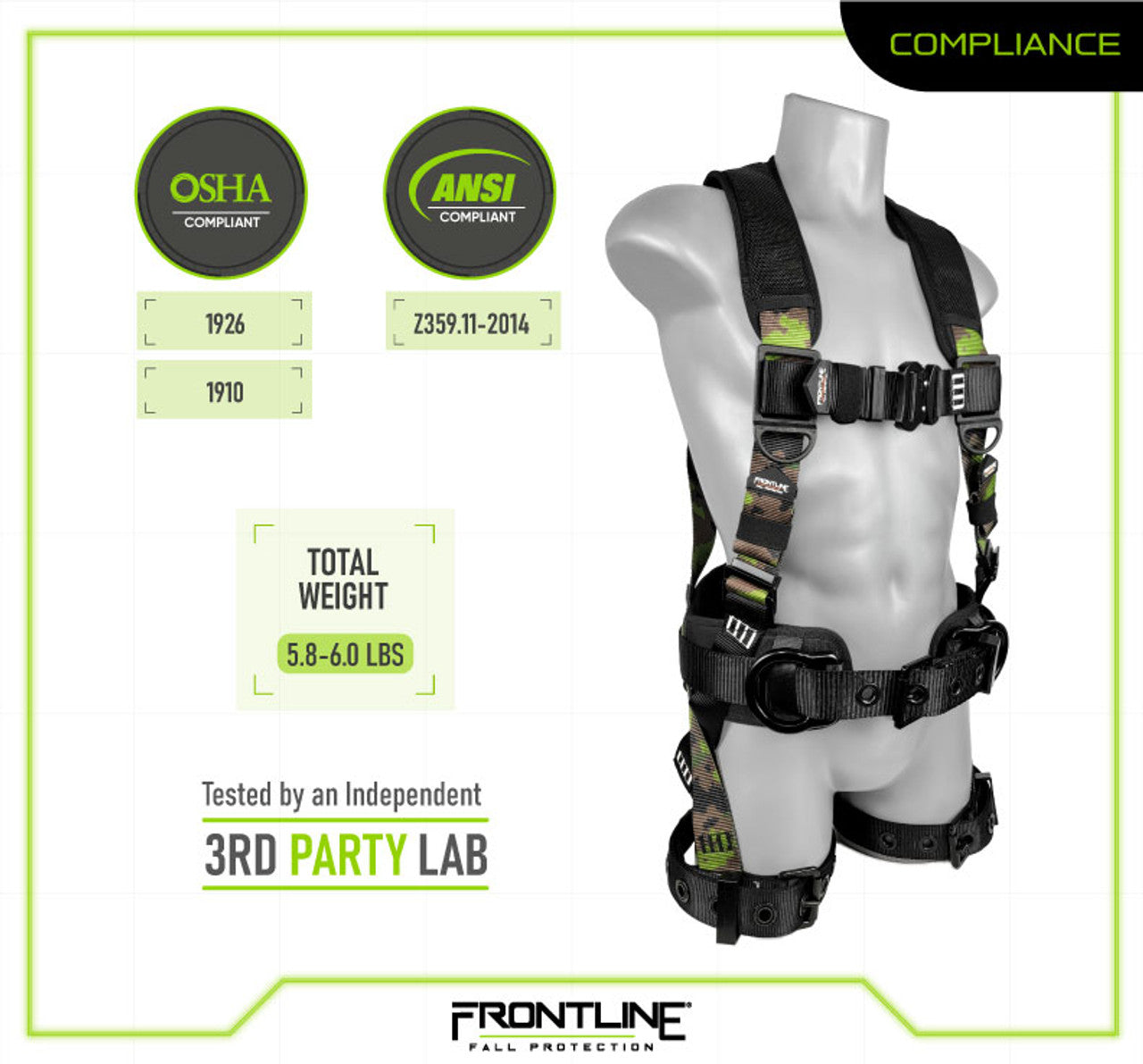 Frontline Fall 110CTB-S-CF 110CTB-CF Camouflage Full Body Harness with Aluminum Hardware and Suspension Trauma Straps – Polyurethane Worksite Safety & Industrial Supplies PPE
