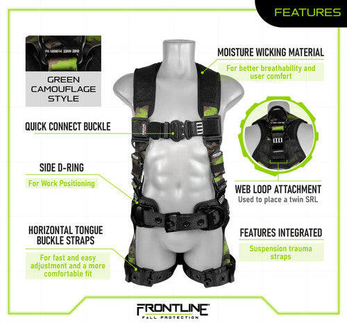 Frontline Fall 110CTB-S-CF 110CTB-CF Camouflage Full Body Harness with Aluminum Hardware and Suspension Trauma Straps – Polyurethane Worksite Safety & Industrial Supplies PPE