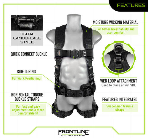 Frontline Fall 110CTB-S-DC 110CTB-DC Digital Camo Full Body Harness with Aluminum Hardware and Suspension Trauma Straps – Polyurethane Worksite Safety & Industrial Supplies PPE