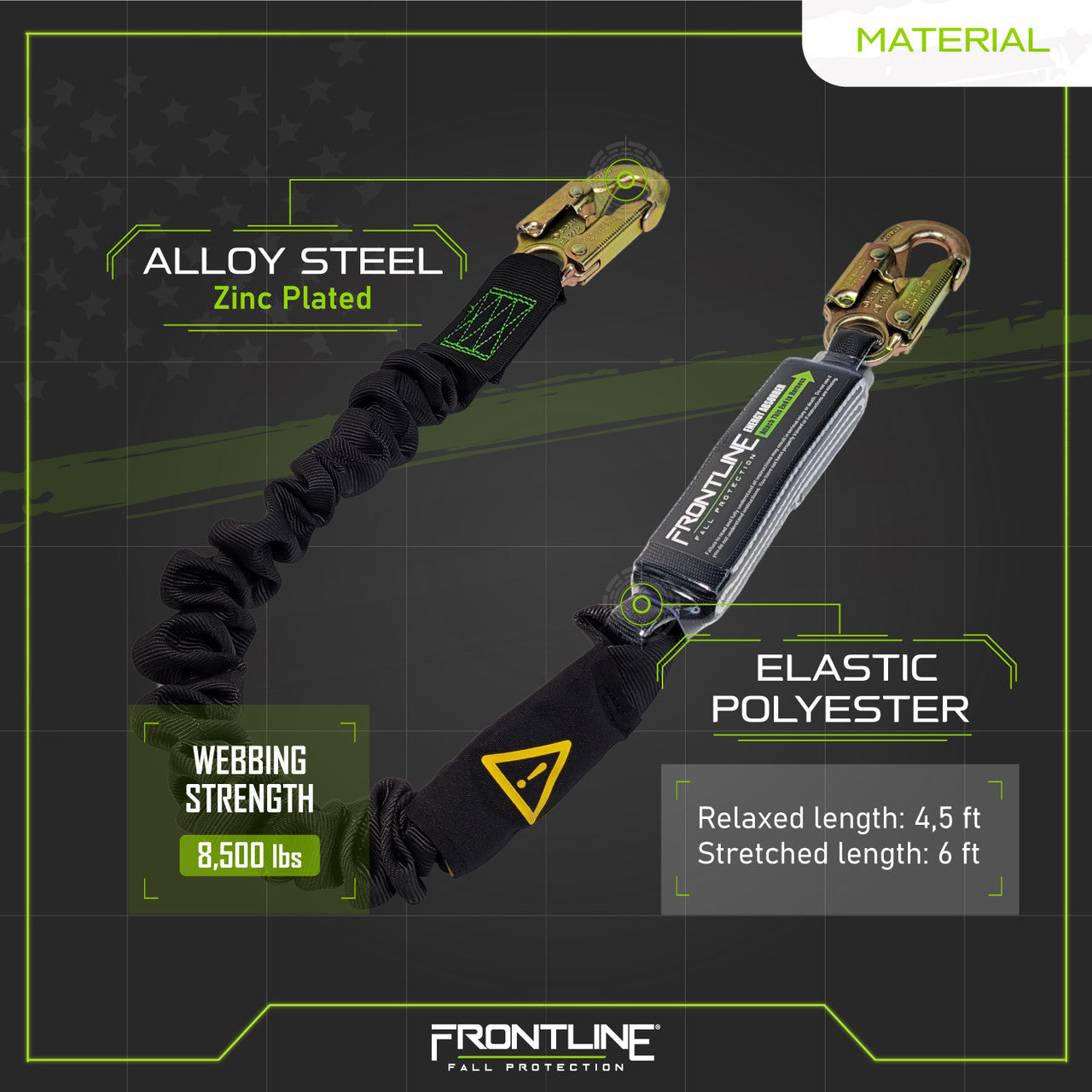 Frontline LES61S-US Patriot™ 6' Single Leg Elastic Lanyard with Snaphooks - Made in USA