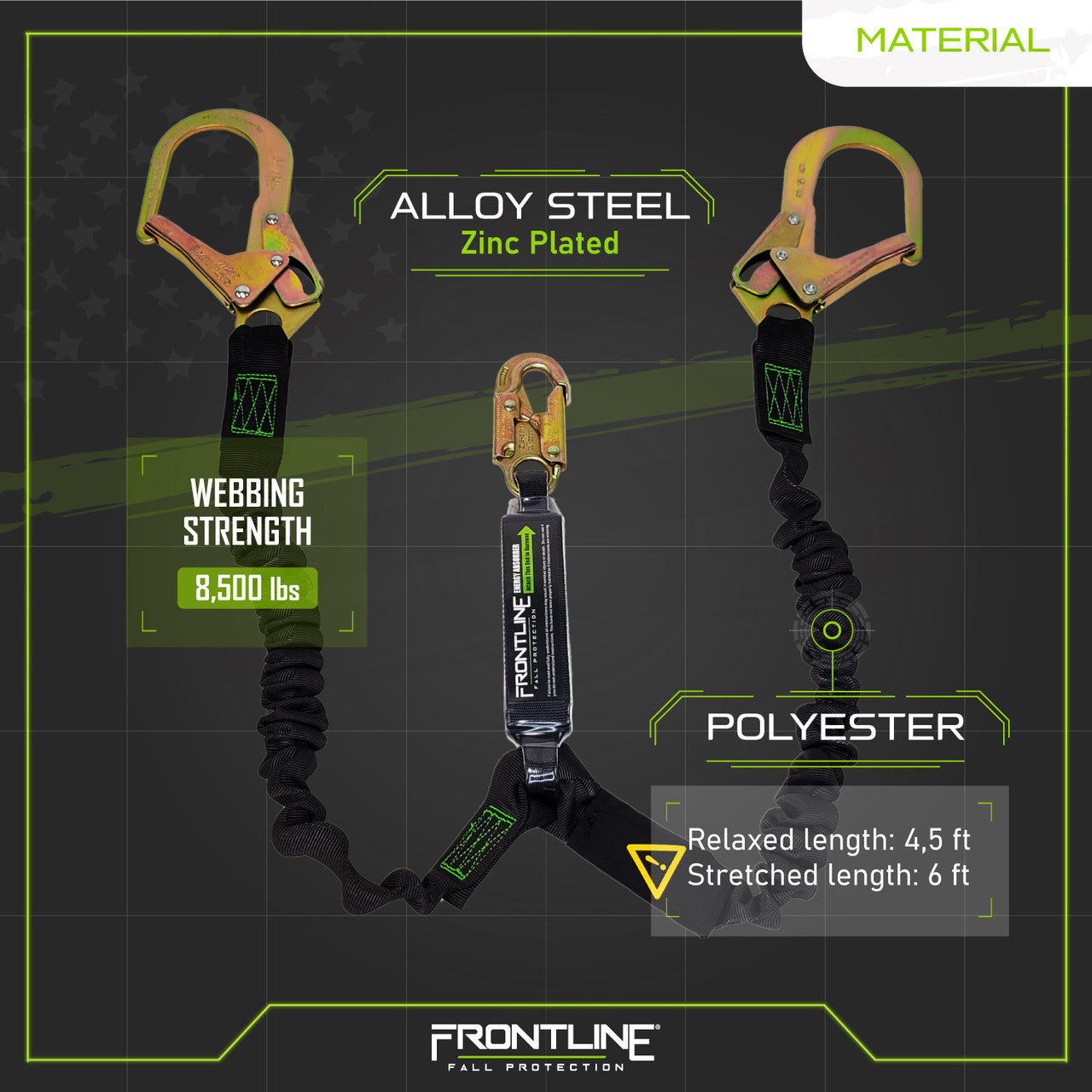 Frontline LES62R-US Patriot™ 6' Double Leg Elastic Lanyard with Rebar Hook Ends - Made in USA