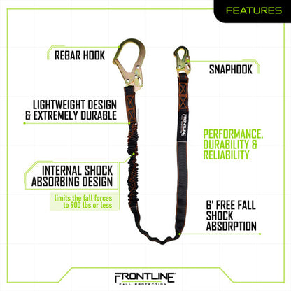 Frontline LIS61R Combat™ 6' Single Leg Rebar Hook End Lanyard with Internal Shock Absorber
